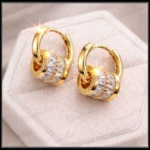 NEW GOLD SIMULATED BAGUETTE DIAMOND "BELOVED" LUCKY WHEEL HOOP EARRINGS